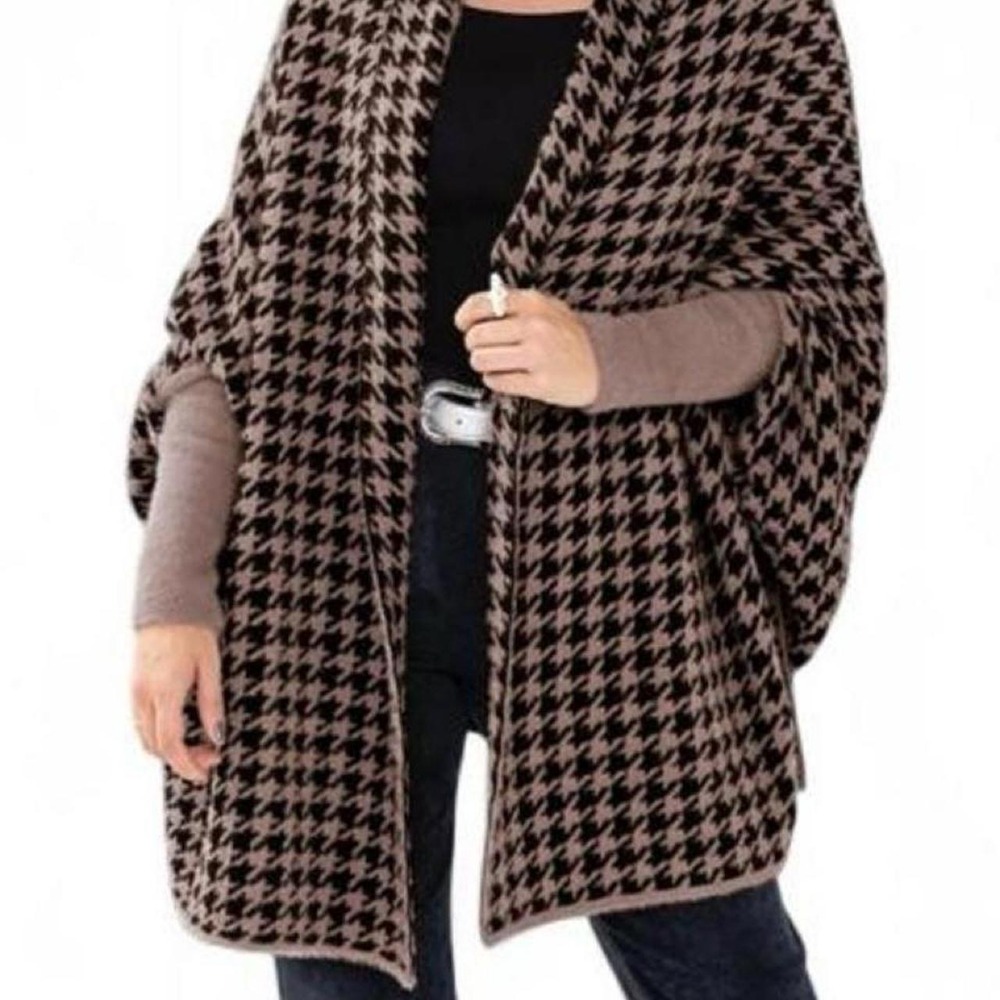 CHICME Houndstooth Ponchos for Women Open Front Knit Sweater Cardigan